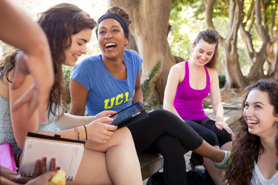 Students relax on the benches along Coral Tree Walk, at the north end of the Sculpture Garden.